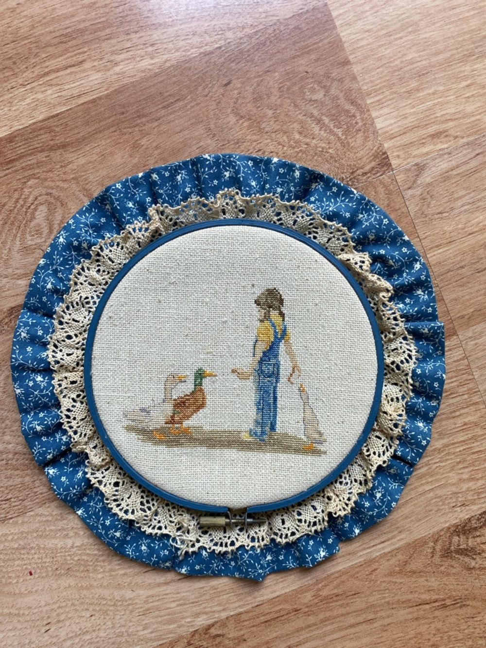 Handmade vintage cross stitch in hoop girl with ducks